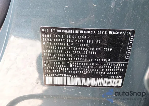 2019 Volkswagen Tiguan 2.0T S from USA, damaged, VIN 3VV1B7AXXKM096238